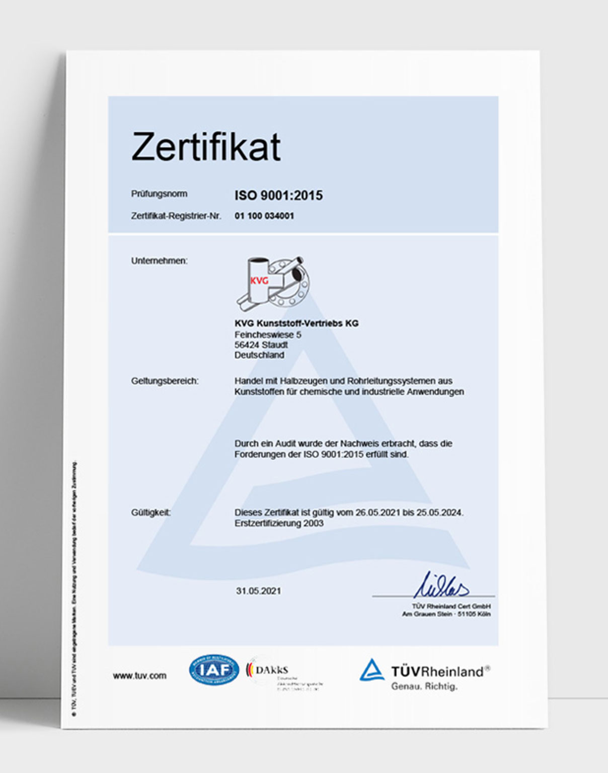 KVG Staudt ISO 9001 Zertifizierung
